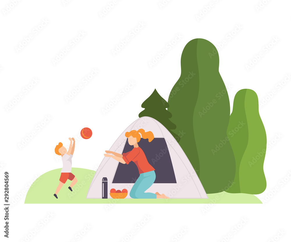 Mom with her son plays a ball near the tent. Vector illustration.