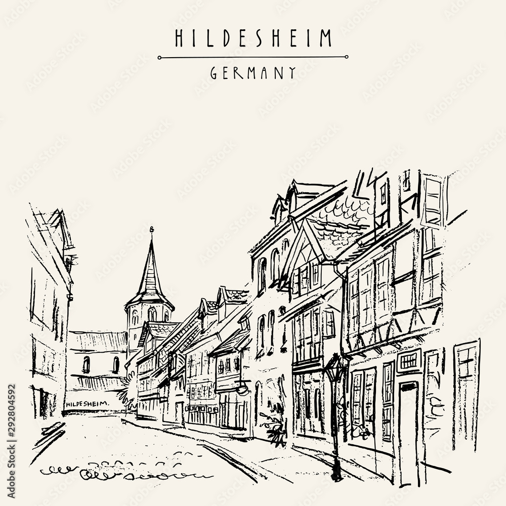 Hildesheim, Germany. Travel sketch. Vintage hand drawn postcard