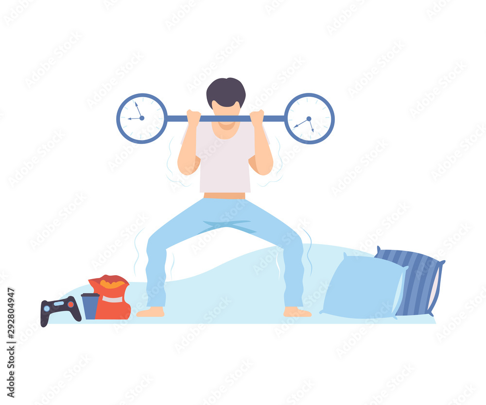 Man is trying to raise a barbell with a clock. Vector illustration.