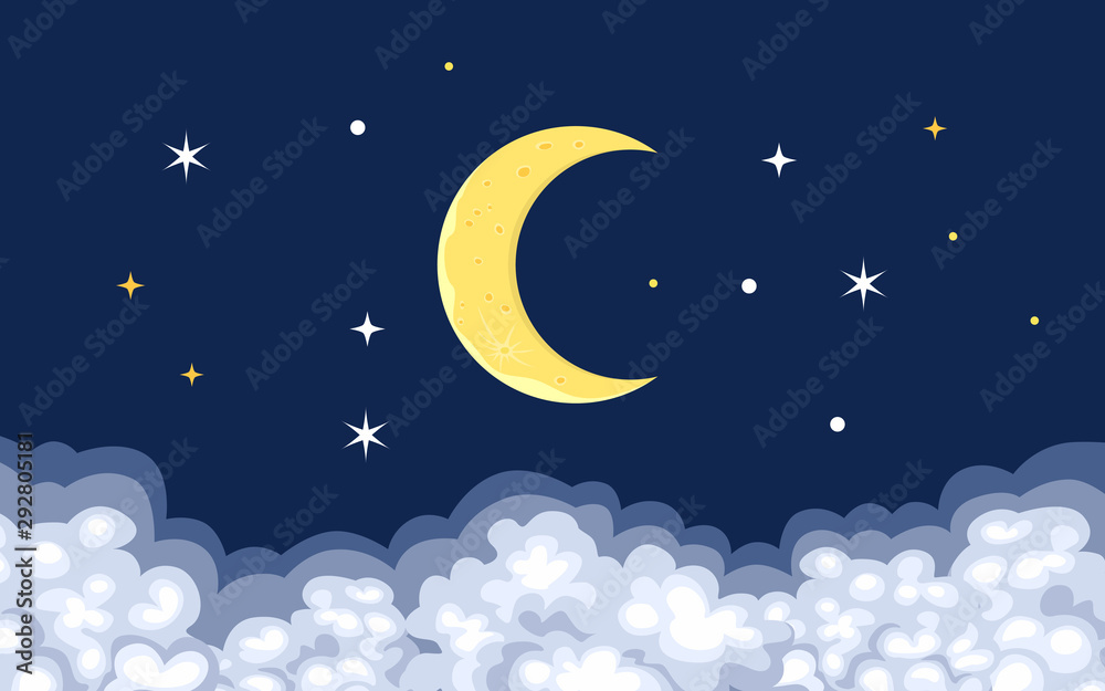 Moon, stars and clouds in the night sky. Vector illustration of midnight in cartoon flat style.