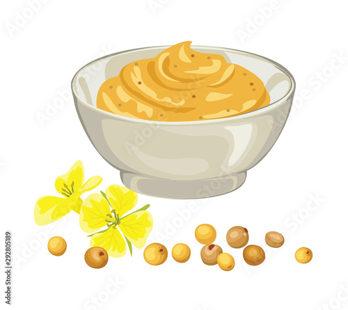 Mustard sauce, flowers and seeds. Ceramic dip bowl, filled  mustard. Vector illustration isolated on white. 