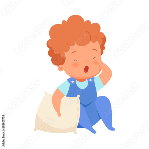 Boy with the pillow wants to sleep. Vector illustration on a white background.