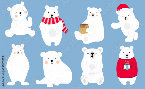 Simple white bear character wear red sweater.Use for Christmas invitation,printable,sticker.Vector illustration character doodle cartoon