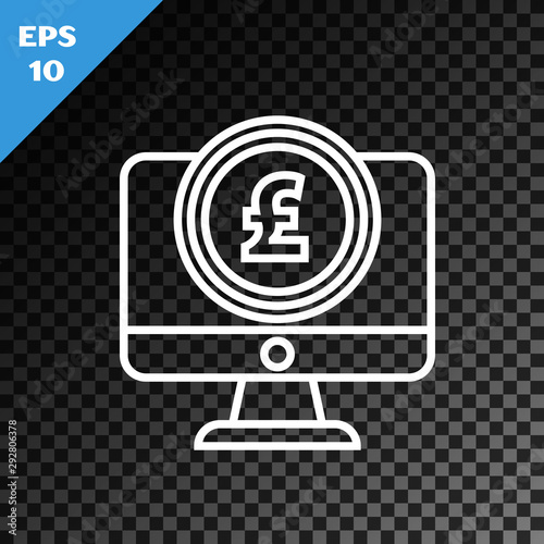 White line Computer monitor with pound sterling symbol icon isolated on transparent dark background. Online shopping concept. Earnings in the Internet. Vector Illustration