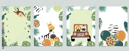 Green animal collection of safari frame set with leaf,leaves vector illustration for birthday invitation,postcard,logo and sticker