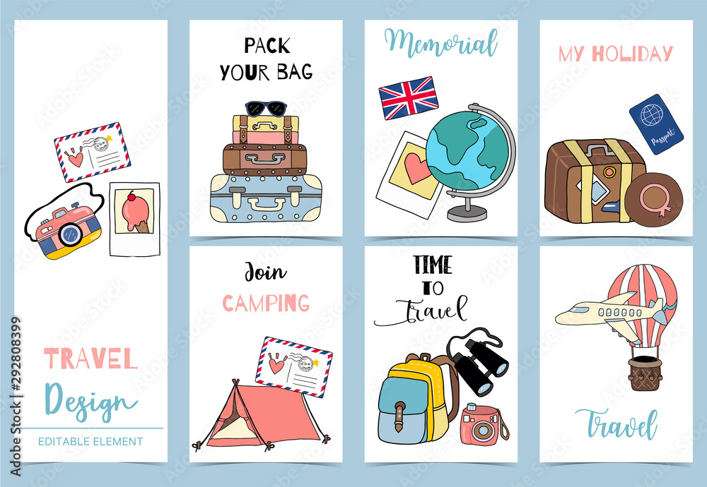 Naklejka premium Collection of safari background set with tent,air mail;balloon,luggage,air plane.Editable vector illustration for birthday invitation,postcard and sticker