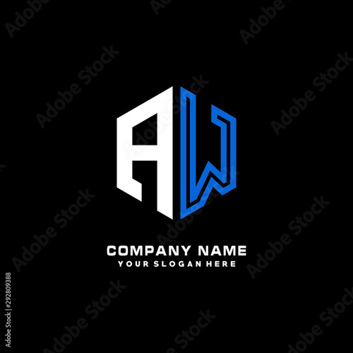 Initial letter AW minimalist line art hexagon shape logo. color blue,white,black background