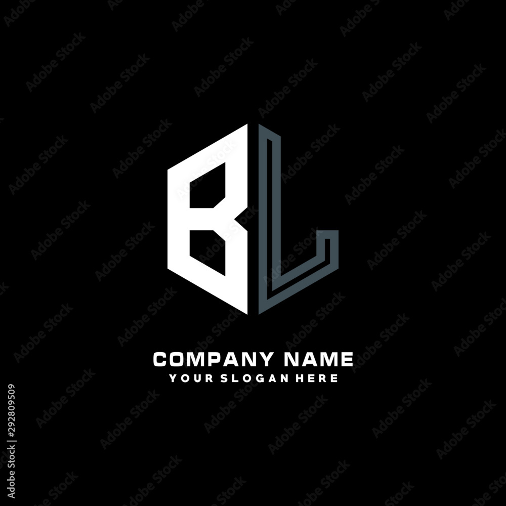 Fototapeta premium Initial letter BL minimalist line art hexagon shape logo. color blue,white,black background