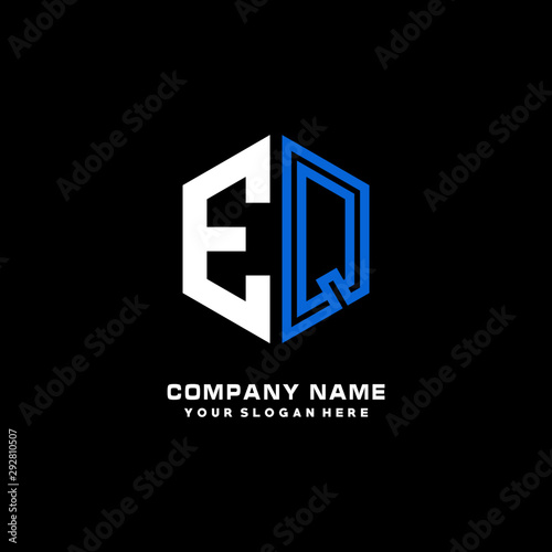 Initial letter EQ minimalist line art hexagon shape logo. color blue,white,black background