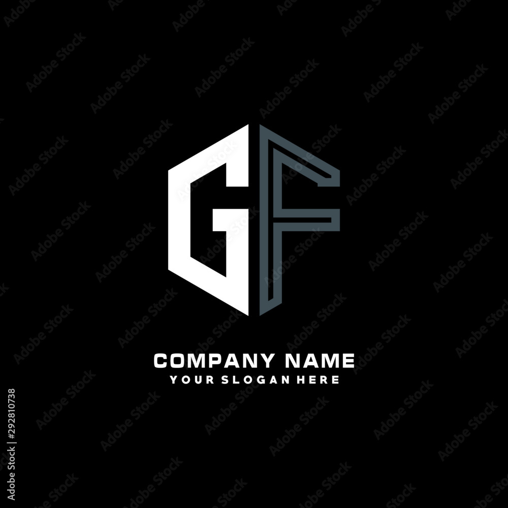 Initial letter GF minimalist line art hexagon shape logo. color  blue,white,black background