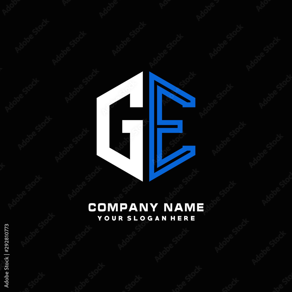 Initial letter GE minimalist line art hexagon shape logo. color blue,white,black background Initial letter GE minimalist line art hexagon shape logo. color blue,white,black background