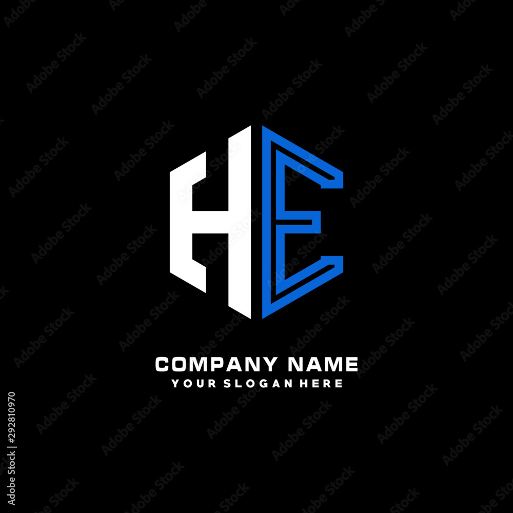 Initial letter HE minimalist line art hexagon shape logo. color blue,white,black background Initial letter HE minimalist line art hexagon shape logo. color blue,white,black background