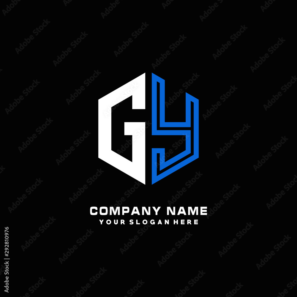 Initial letter AY minimalist line art hexagon shape logo. color blue,white,black background Initial letter AY minimalist line art hexagon shape logo. color blue,white,black background