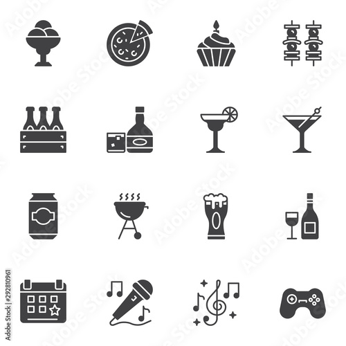 bbq party vector icons set, modern solid symbol collection filled style pictogram pack. Signs, logo illustration. Set includes icons as pizza, barbeque grill, shish kebab skewers, beer bottle, karaoke