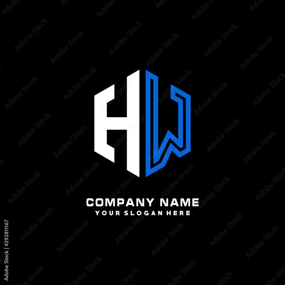 Initial letter HW minimalist line art hexagon shape logo. color blue,white,black background Initial letter HW minimalist line art hexagon shape logo. color blue,white,black background