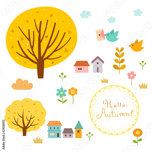 Cute autumn village nature elements set