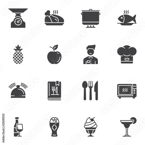 Restaurant vector icons set, modern solid symbol collection filled style pictogram pack. Signs logo illustration. Set includes icons as cooking pot, frying fish, waiter, chef hat, menu booklet, drinks