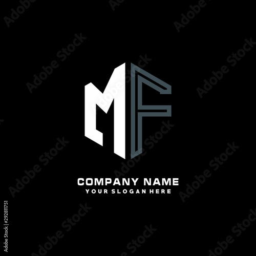 Initial letter MF minimalist line art hexagon shape logo. color  blue white black background