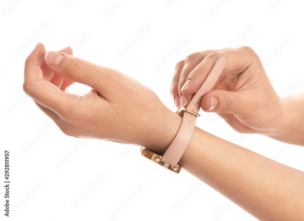 Young woman with wristwatch isolated on white, closeup Young woman with wristwatch isolated on white, closeup