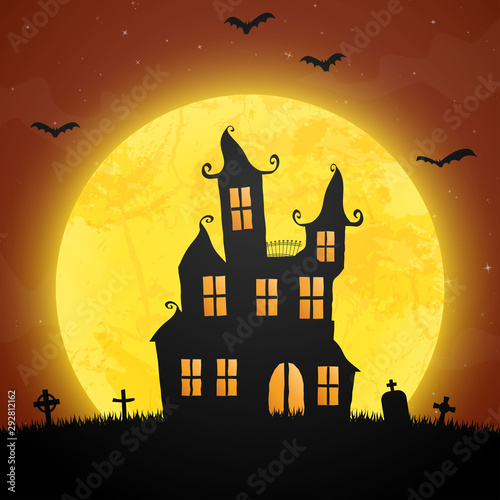 halloween castle in front of full moon