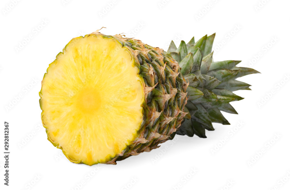 Tasty cut pineapple with leaves on white background Tasty cut pineapple with leaves on white background