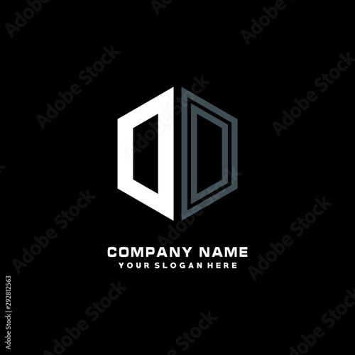 Initial letter OD minimalist line art hexagon shape logo. color  blue,white,black background
