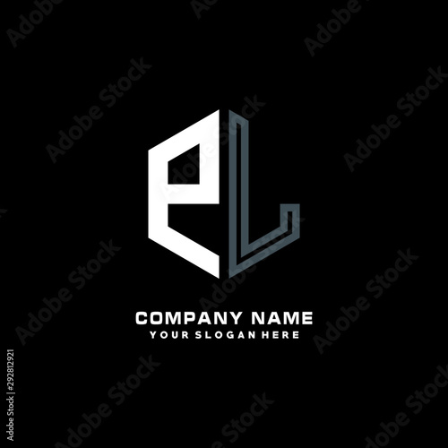 Initial letter PL minimalist line art hexagon shape logo. color  blue,white,black background