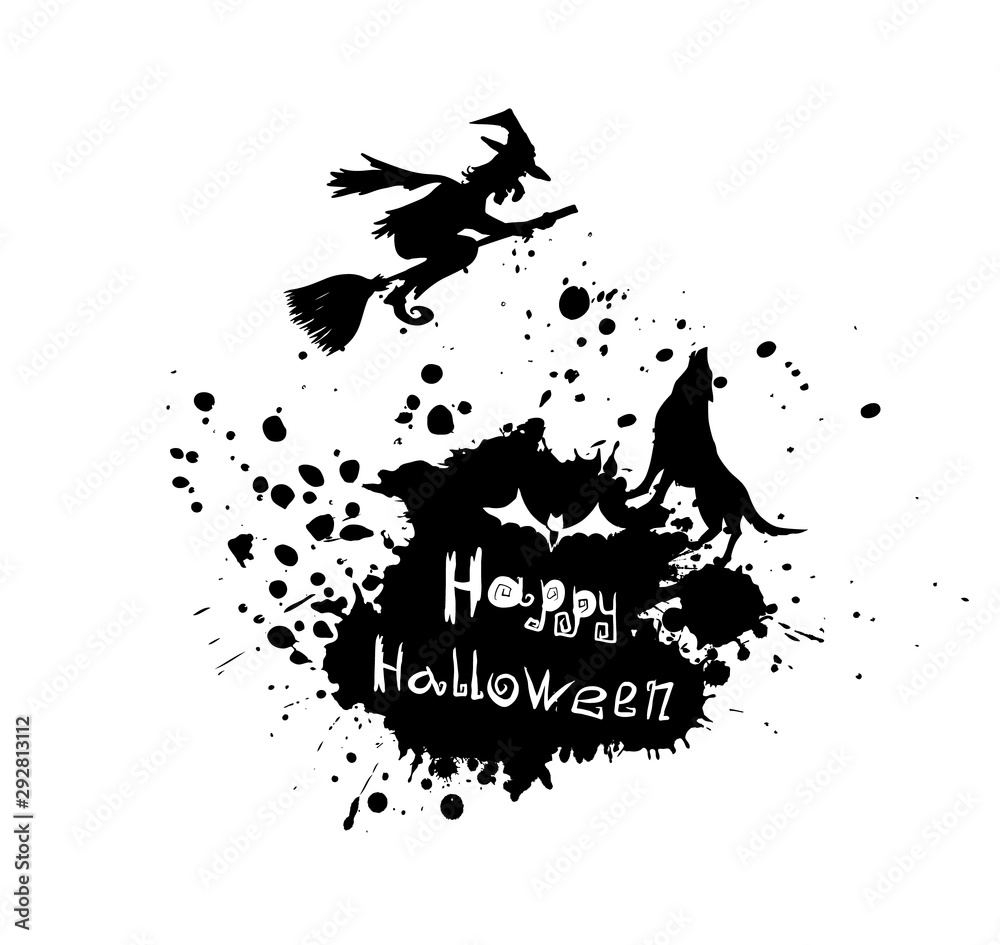 The silhouette of a witch flying on a broom. Happy Halloween. Vector illustration