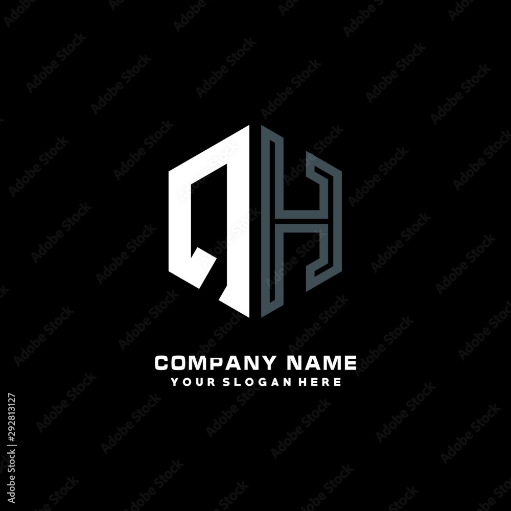 Initial letter QH minimalist line art hexagon shape logo. color blue,white,black background Initial letter QH minimalist line art hexagon shape logo. color blue,white,black background