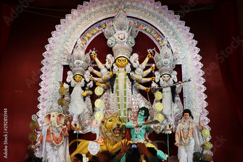 Принти на полотні Goddess Durga idol at decorated Durga Puja pandal, shot at colored light, at Kolkata, West Bengal, India