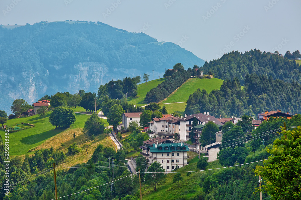Panoramic view to village in Asiago Plateau, Vicenza, Italy.
