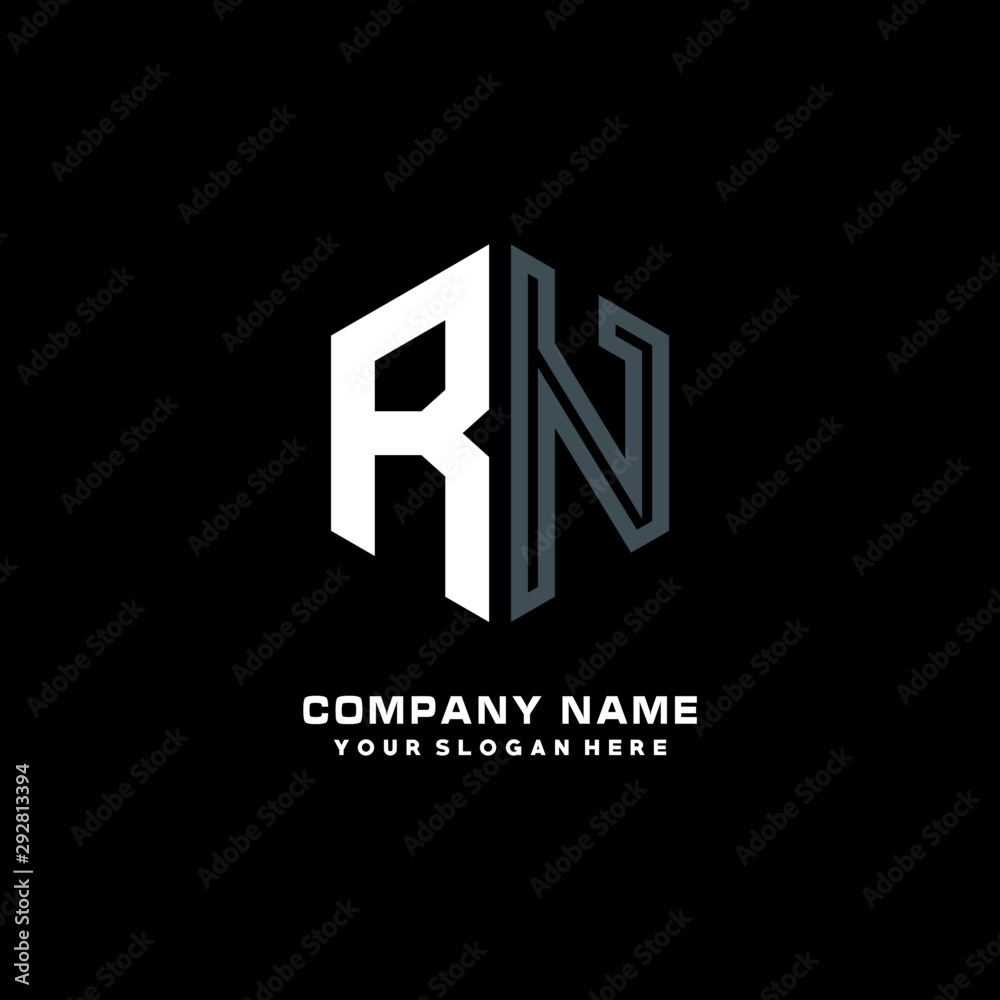 Initial letter RN minimalist line art hexagon shape logo. color blue,white,black background Initial letter RN minimalist line art hexagon shape logo. color blue,white,black background
