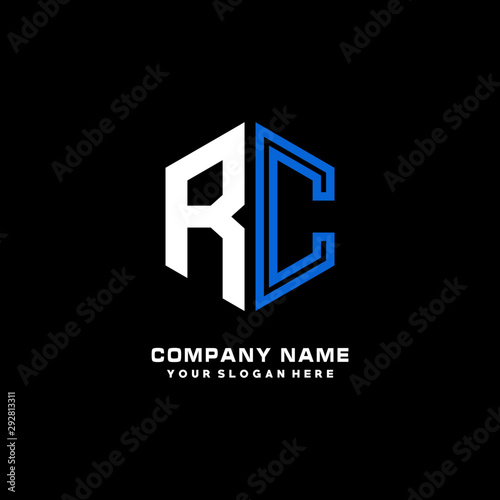 Initial letter RC minimalist line art hexagon shape logo. color  blue,white,black background