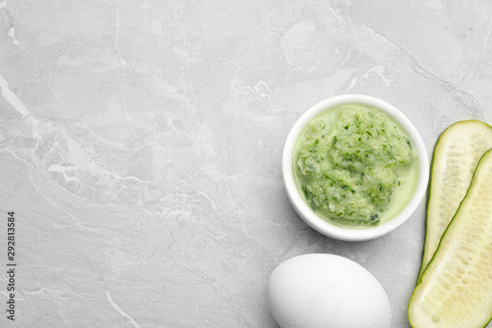 Handmade face mask and fresh ingredients on light marble table, flat lay. Space for text Handmade face mask and fresh ingredients on light marble table, flat lay. Space for text