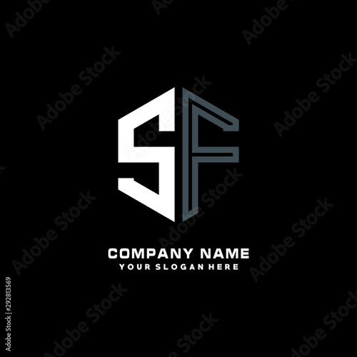 Initial letter SF minimalist line art hexagon shape logo. color  blue,white,black background