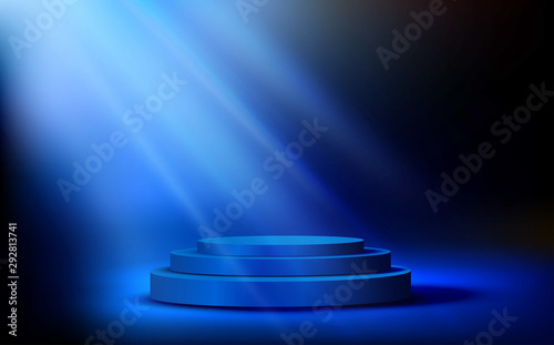 blue podium with blue light in the dark room