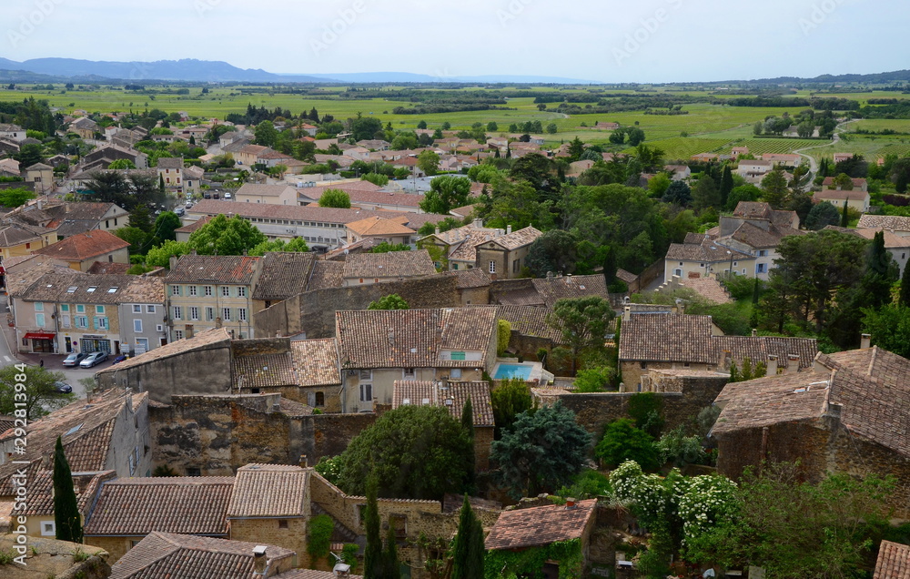 Panoramic view on Grignan buildings and fields on the background, France