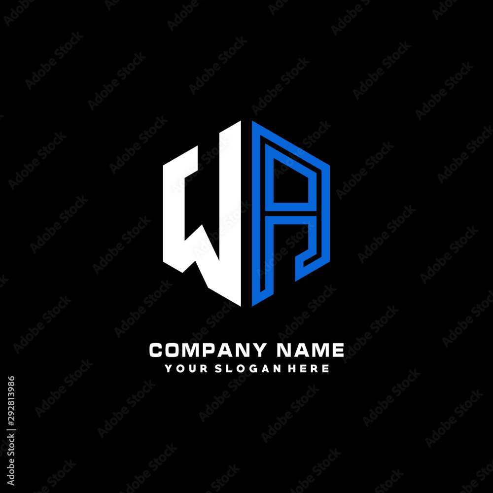 Initial letter WA minimalist line art hexagon shape logo. color blue,white,black background Initial letter WA minimalist line art hexagon shape logo. color blue,white,black background