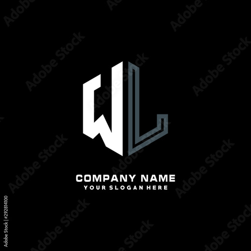 Initial letter WL minimalist line art hexagon shape logo. color  blue white black background