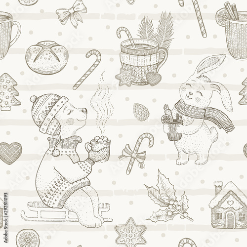 Christmas cute cafe dessert seamless pattern. Doodle animal. Retro winter drink cup. Hand drawn sketch background. Xmas isolated vector illustration. Wrapping paper, child packaging, kid fabric print