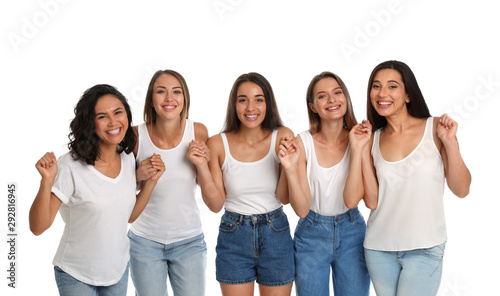 Happy women holding hands on white background. Girl power concept