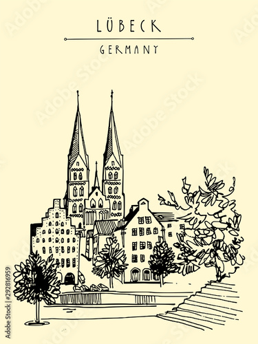  Lubeck, Germany, Europe. Hanseatic city riverside. Historic buildings, trees, river Trave. Hand drawing. Travel sketch. Vertical vintage touristic postcard, poster or book illustration. Vector art