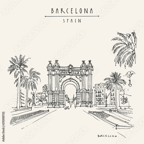 Barcelona, Catalonia, Spain. Arc de Triomf (Triumphal Arch) and palm trees. Travel sketch. Hand drawn vintage touristic postcard, poster, book illustration. EPS10 vector artwork