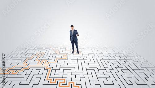 Young entrepreneur standing in a middle of a labyrinth with the solution