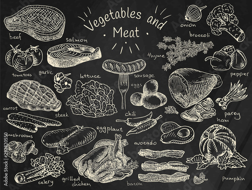 Meat, vegetables, beef, cabbage, garlic, lettuce, salmon, radish, carrot, celery, chicken, bacon, avocado, eggplant, cucumber, sausage, corn, onion, broccoli, pepper, chili, potato, tomato