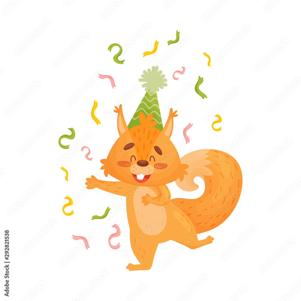 Obraz Happy Red Squirrel Dancing In A Hat. cartoon Vector Illustration Isolated On White Background.