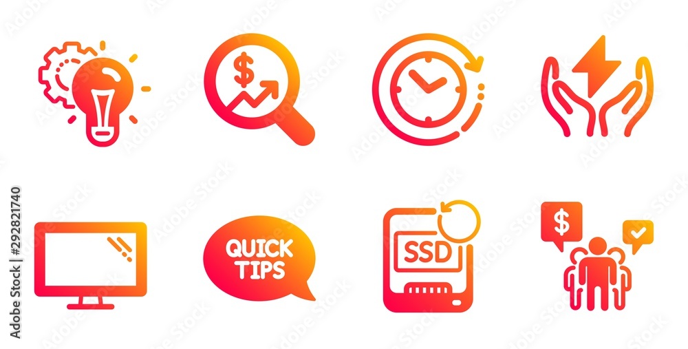 Quickstart guide, Recovery ssd and Idea gear line icons set. Time change, Safe energy and Currency audit signs. Monitor, Teamwork symbols. Helpful tricks, Backup info. Science set. Vector Quickstart guide, Recovery ssd and Idea gear line icons set. Time change, Safe energy and Currency audit signs. Monitor, Teamwork symbols. Helpful tricks, Backup info. Science set. Vector