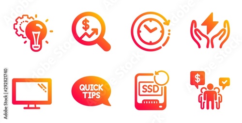 Quickstart guide, Recovery ssd and Idea gear line icons set. Time change, Safe energy and Currency audit signs. Monitor, Teamwork symbols. Helpful tricks, Backup info. Science set. Vector