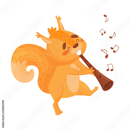 Cartoon Orange Squirrel With Flute. Vector Illustration On White Background.