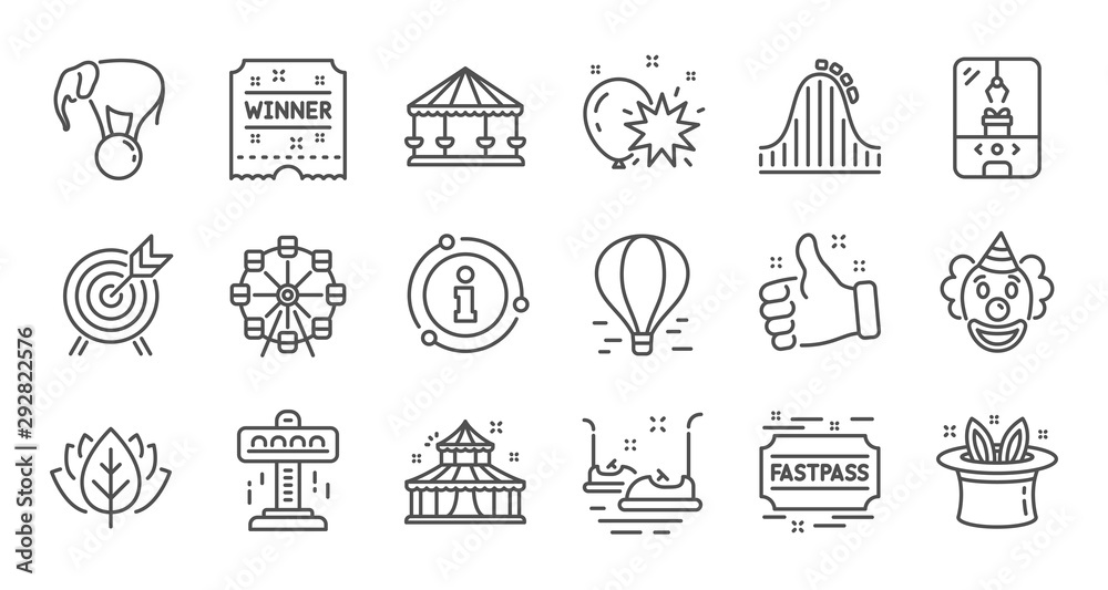 Amusement park line icons. Carousel, Roller coaster and Circus. Ferris wheel linear icon set. Quality line set. Vector